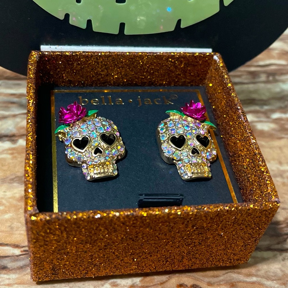 Bella Jack Crystal Rhinestone Skeleton Skull Head Stud Earrings